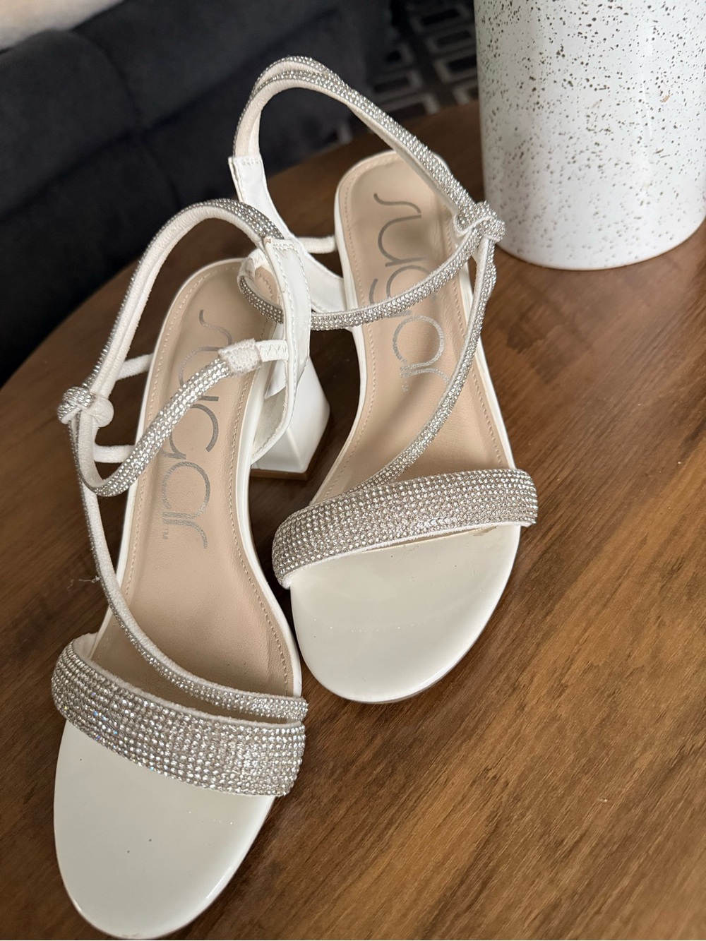 Jennifer Lopez White Crystal Strap Block Heel Sandals
